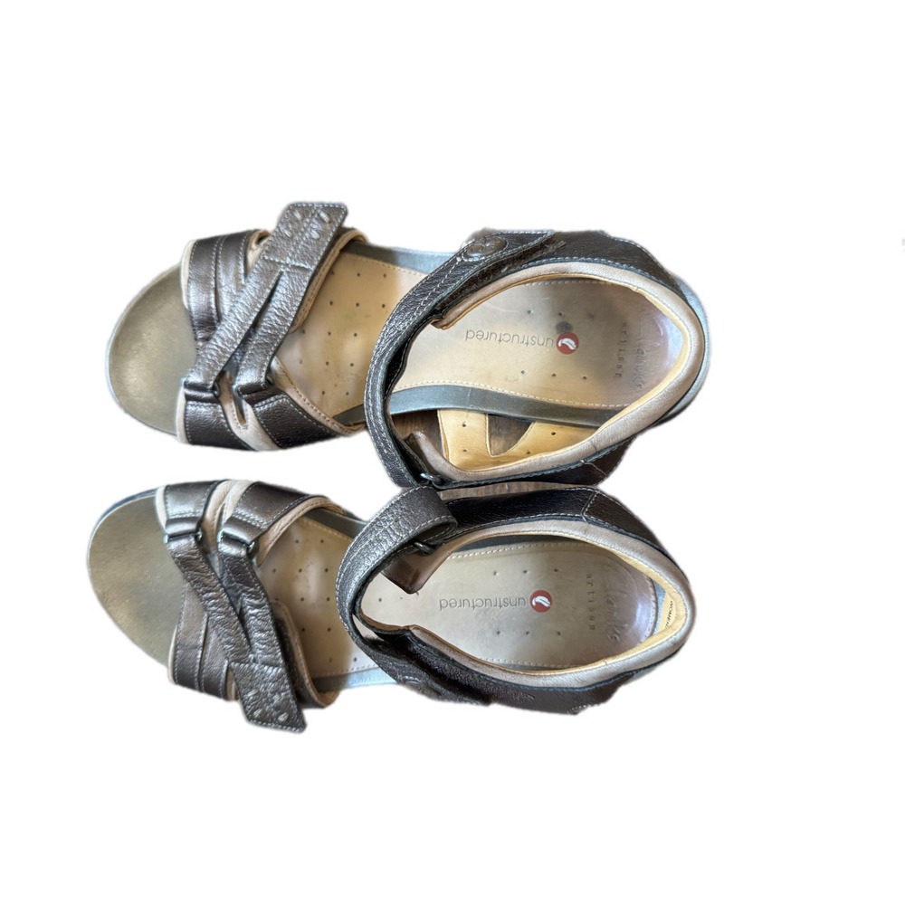 Clarks Unstructured Sandals Women 9.5 Pewter Metallic Leather Excellent 26105777 - Picture 6 of 11